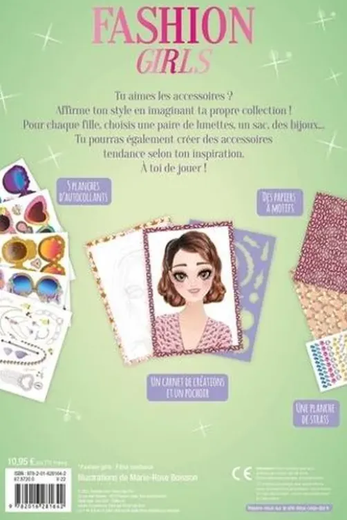 Accessoires tendance. Pochette avec 5 planches d'autocollants, 1 carnet de créations, 1 pochoir, des papiers à motifs et 1 planche de strass, Marie-Rose Boisson