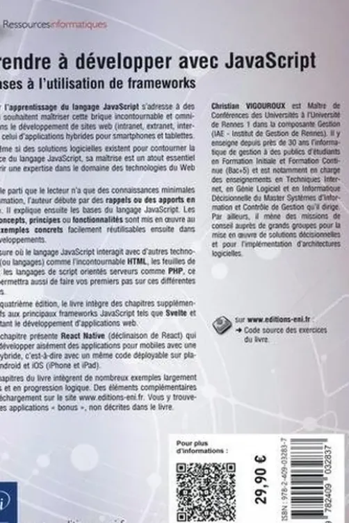 Apprendre à développer avec JavaScript. Des bases à l'utilisation de frameworks, 4e édition, Christian Vigouroux