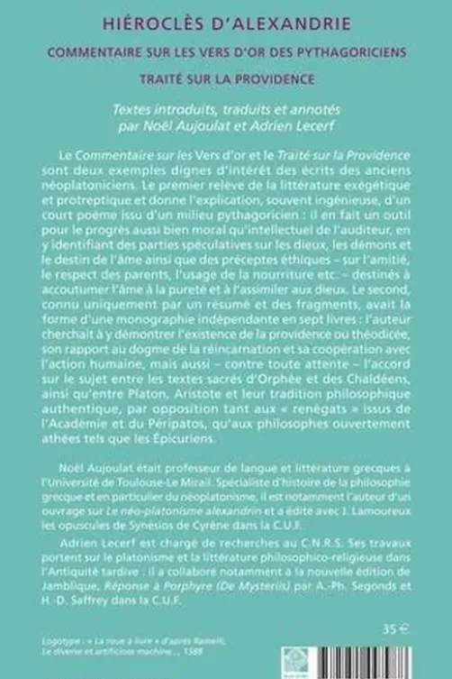 Commentaire sur les Vers d'or des pythagoriciens. Traité sur la providence, Hiéroclès d'Alexandrie