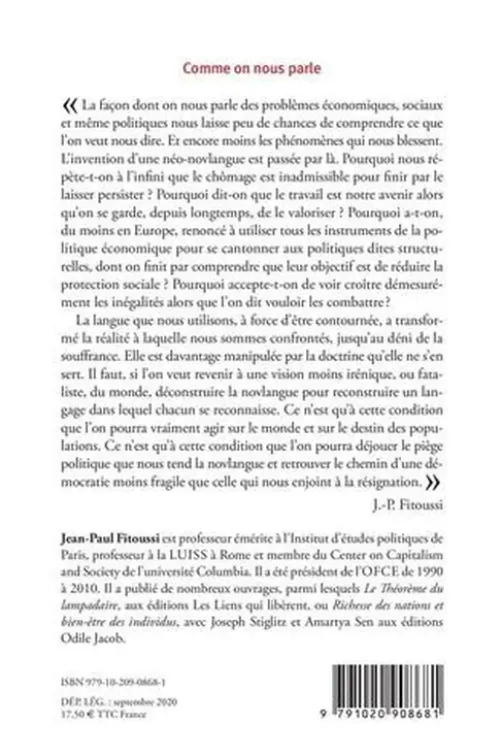 Comme on nous parle. L'emprise de la novlangue sur nos sociétés, Jean-Paul Fitoussi
