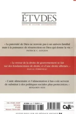 Etudes N° 4290, février 2022 : La paternité spirituelle ; Où va la droite ? ; La lutte contre la précarité alimentaire, François Euvé
