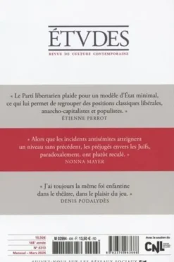 Etudes N° 4313, mars 2024 : Les libertariens au pouvoir en Argentine ; Antisémitisme et société française ; Molière et le plaisir de jouer, Etienne Perrot