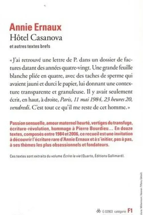 Hôtel Casanova et autres textes brefs, Annie Ernaux