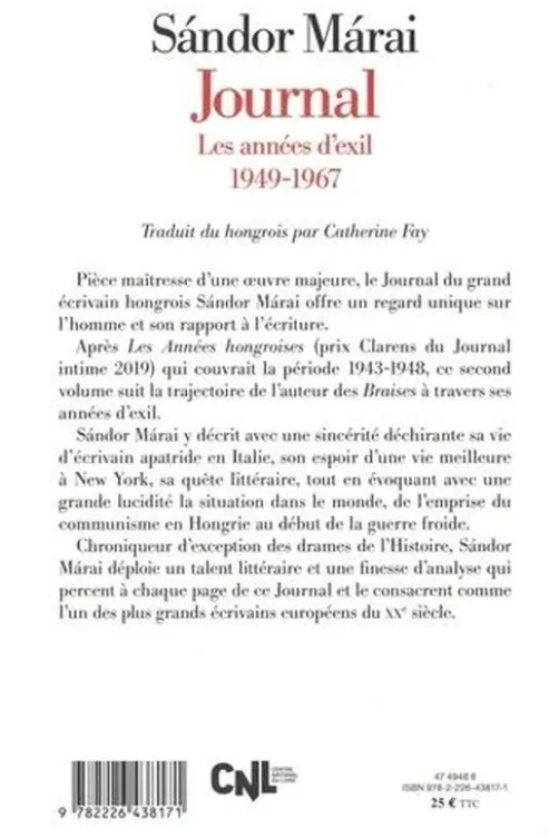 Journal. Les années d'exil 1949-1967, Sándor Márai