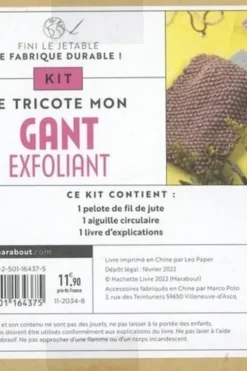 Kit Fini le jetable, je fabrique durable ! Je tricote mon gant exfoliant. Avec 1 pelote de fil de jute, 1 aiguille circulaire, 1 livre d'explications, Juliette Michelet