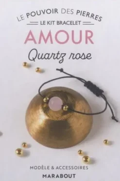 Le kit bracelet amour. Quartz rose. Avec 1 perle ronde, 2 petites perles dorées, 70 cm de coton ciré, 1 livre d'explication, Françoise Vauzeilles