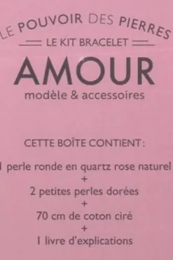 Le kit bracelet amour. Quartz rose. Avec 1 perle ronde, 2 petites perles dorées, 70 cm de coton ciré, 1 livre d'explication, Françoise Vauzeilles