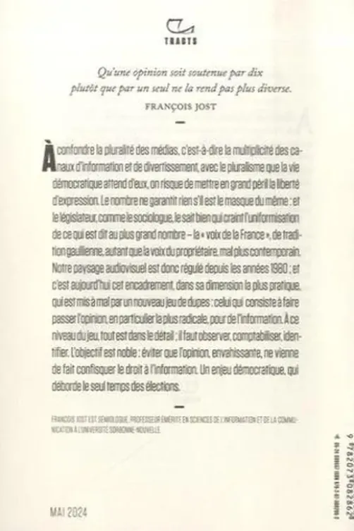 L'opinion qui ne dit pas son nom. Du pluralisme des médias en démocratie, François Jost