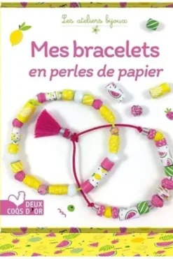Mes bracelets en perles de papier. Avec 2 cordons élastiques, 4 perles à facettes blanches, 4 perles de rocaille transparentes, 1 pompon fluo, 3 feuilles de motifs et 1 feuille fluo à découper, 1 tube de colle, 2 bâtonnets en bois et 1 petit pinceau, Mademoiselle Lupin