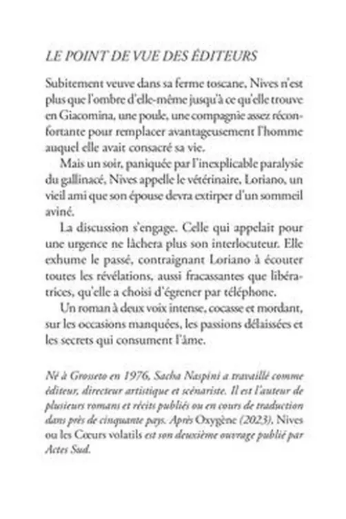 Nives ou les coeurs volatils, Sacha Naspini