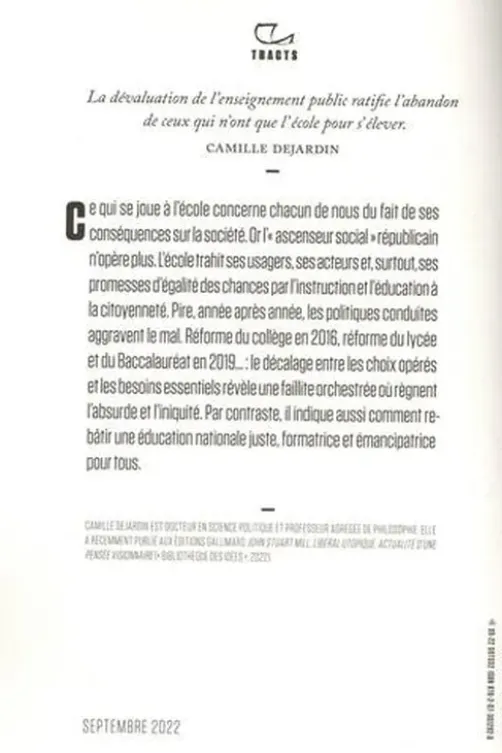 Urgence pour l'école républicaine. Exigence, équité, transmission, Camille Dejardin