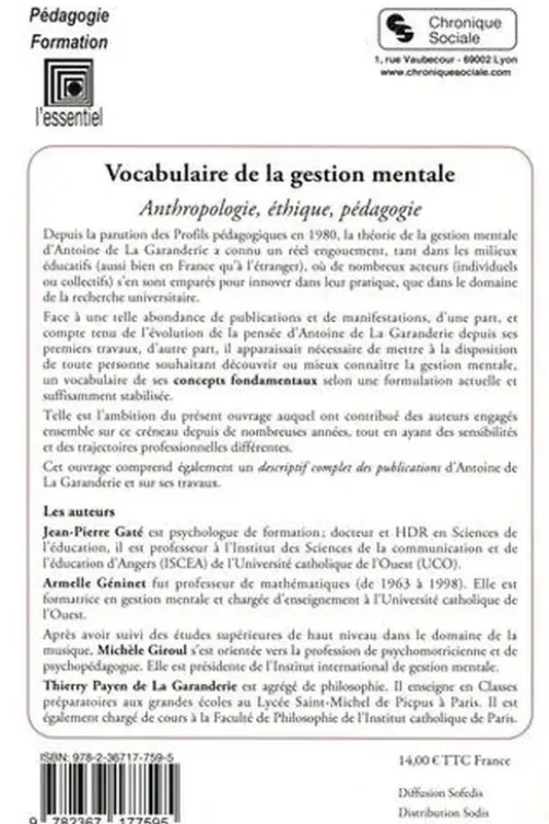 Vocabulaire de la gestion mentale. Anthropologie, éthique, pédagogie, 2e édition, Jean-Pierre Gaté